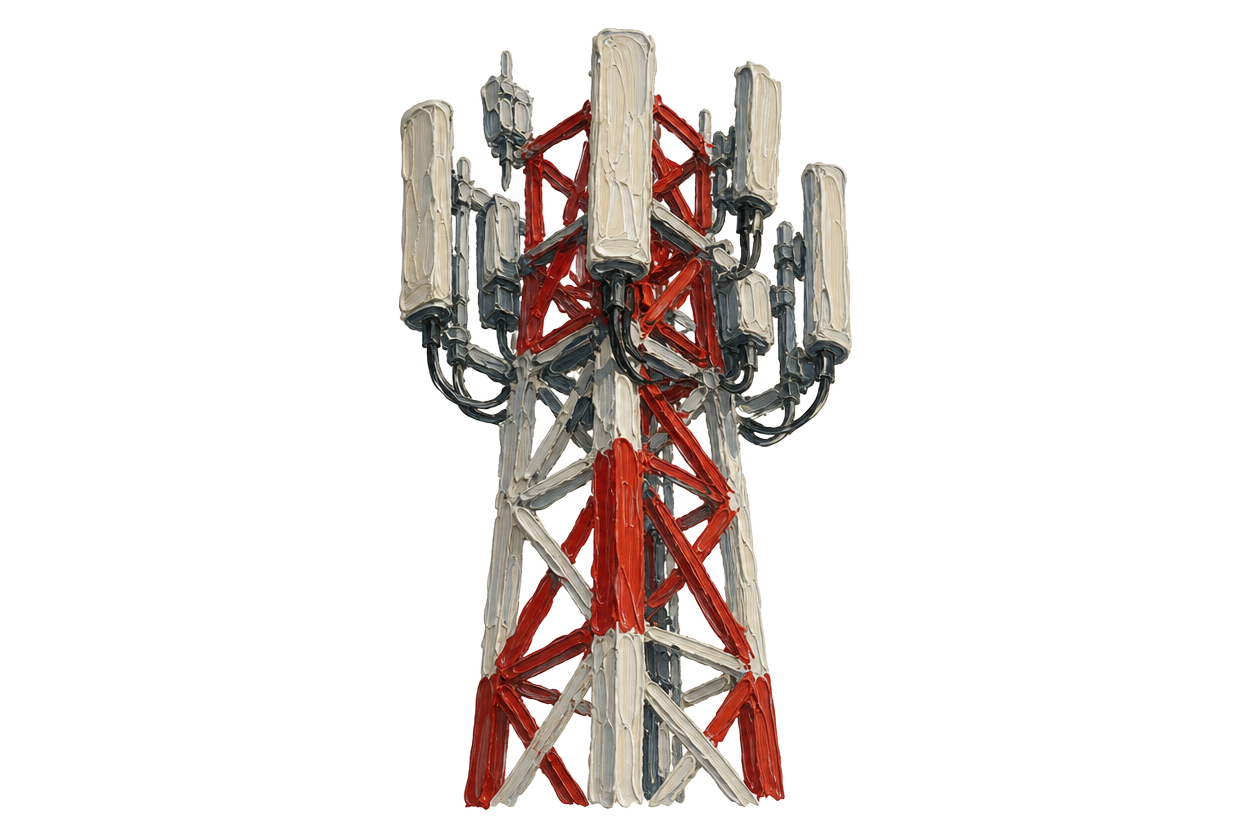 Painterly illustration of a red-and-white cellular tower with clustered antennas