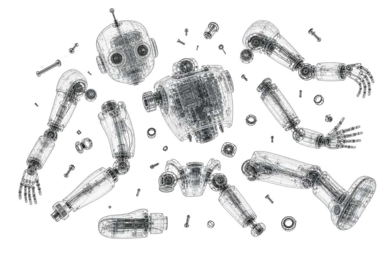 Exploded x-ray style robot illustration with separated limbs and visible internal components