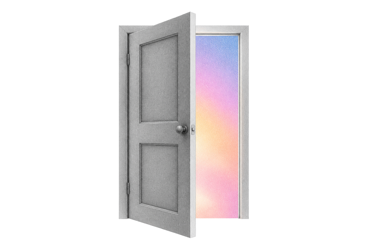 Illustration of an open gray door revealing a soft multicolor glow behind it