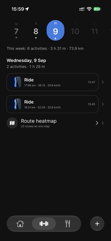 Kettle on its Activity tab: a week strip, two rides and a route heatmap
