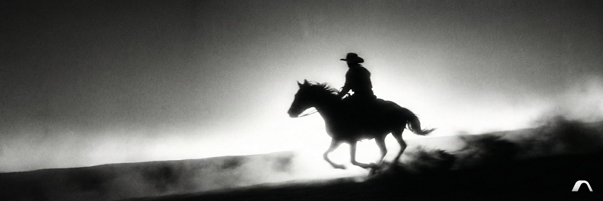 A rider on a galloping horse in silhouette against a white haze, the arch in the corner