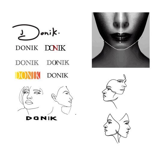 A working board: DONIK set seven different ways, line-drawn faces and a posterized face