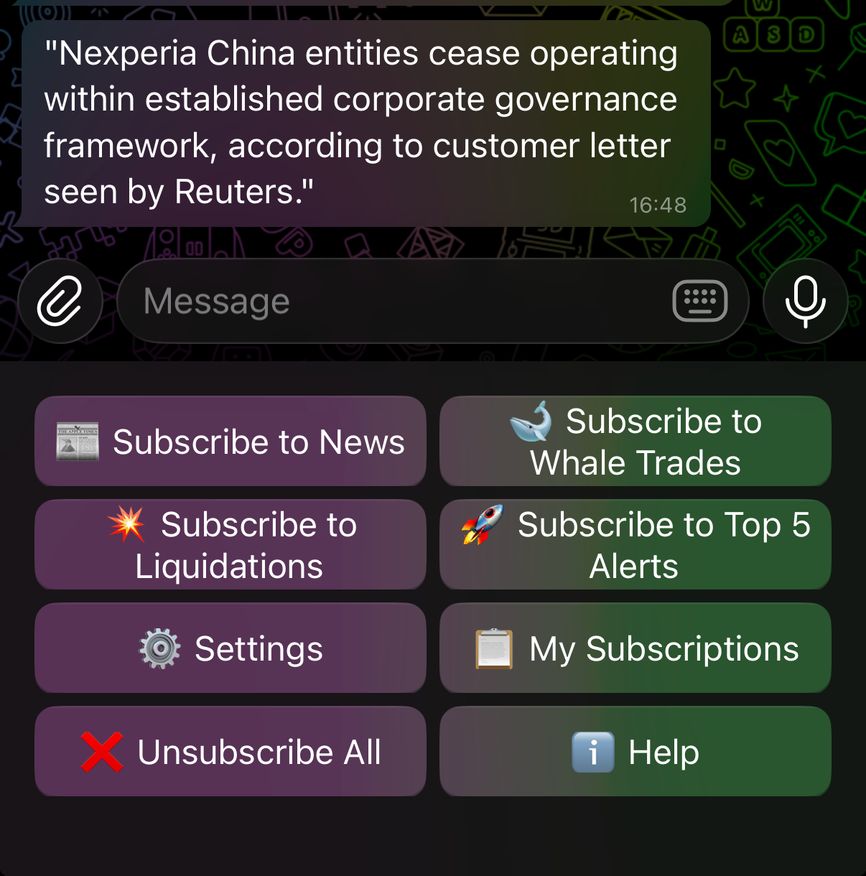 The Sorla Telegram bot: a headline, then buttons to subscribe to news, whale trades and liquidations