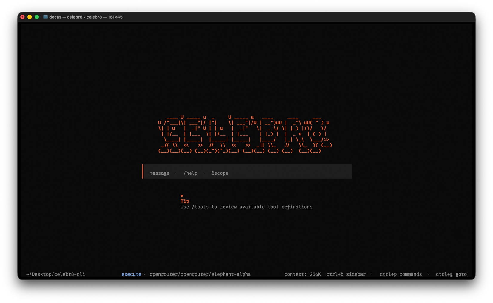Celebr8 in a terminal: its name in orange ASCII letters above a prompt