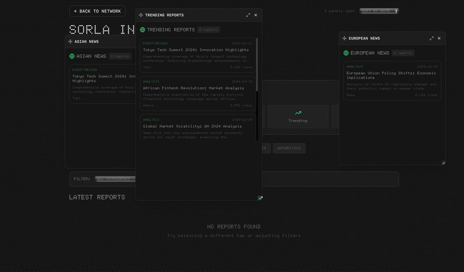 An early Sorla dashboard in a dot-matrix typeface, with three news panels overlapping each other