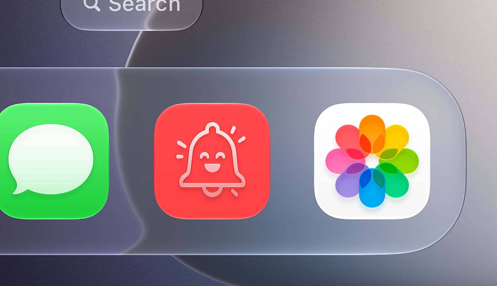 Close on the foot of an iPhone home screen: the Ignore icon, a white bell on red, in the dock between Messages and Photos
