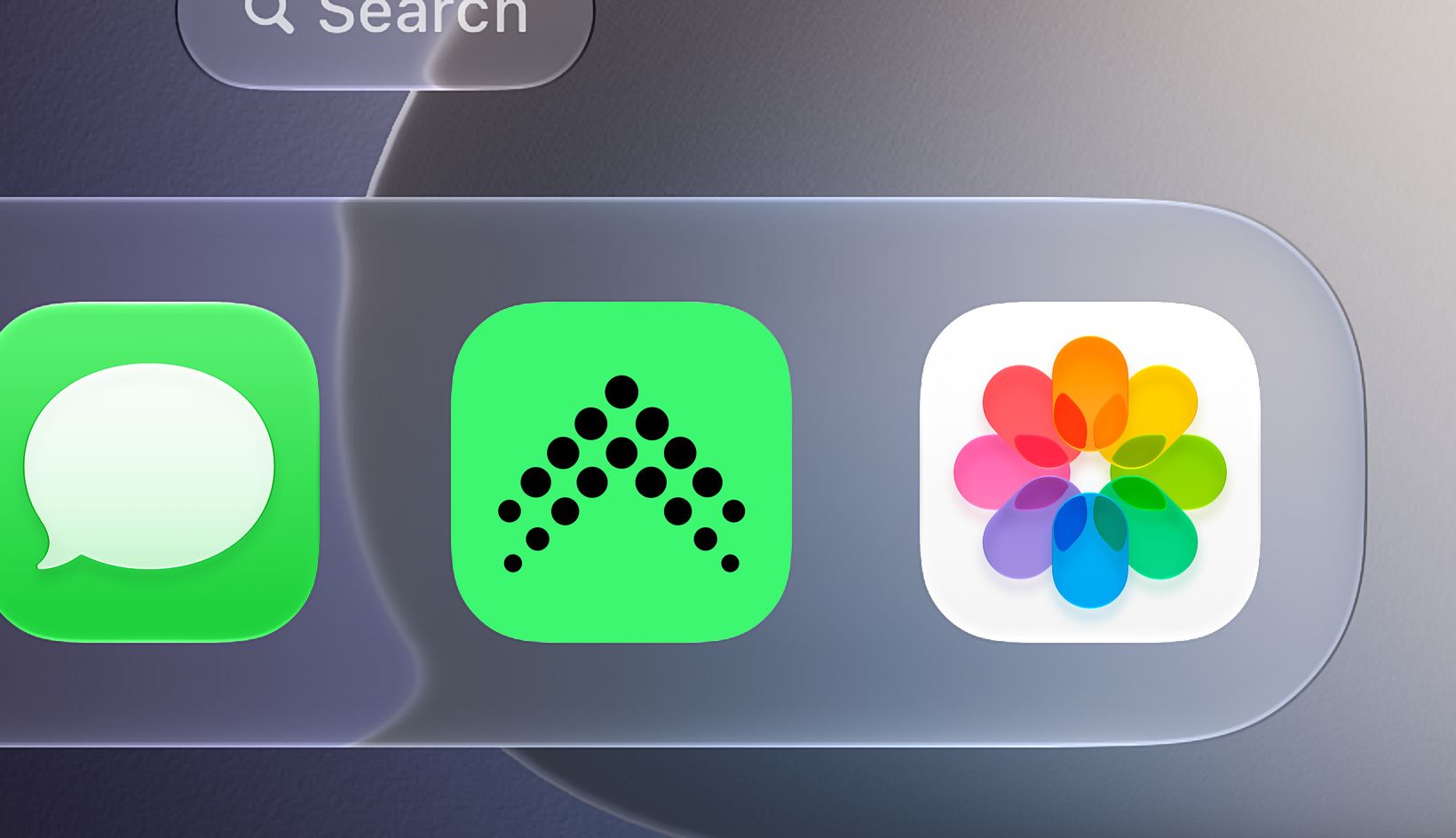 Close on the foot of an iPhone home screen: the Arcway icon, black dots on green, in the dock between Messages and Photos