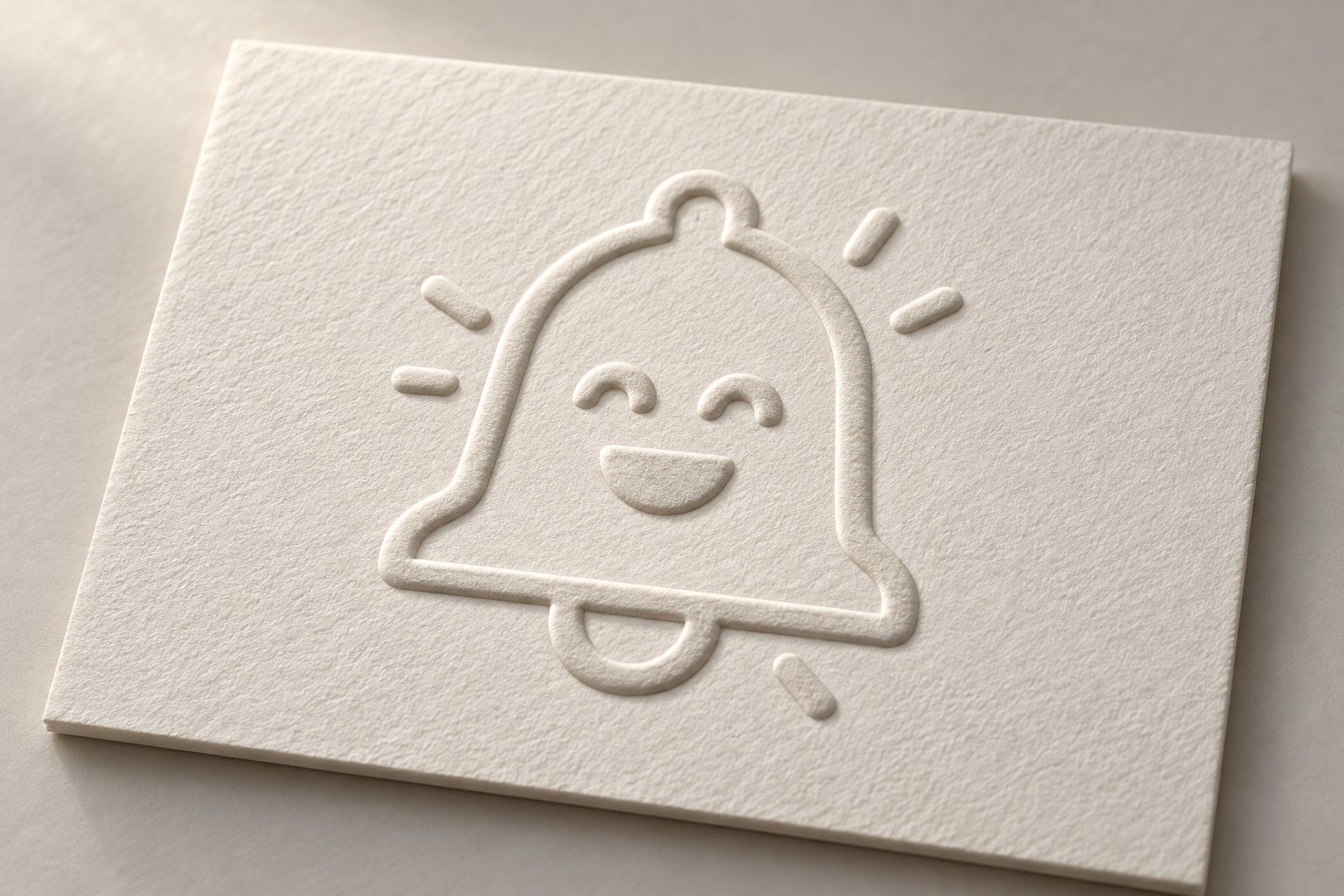 The bell mark raised out of a thick sheet of off-white cotton paper, lit from the side