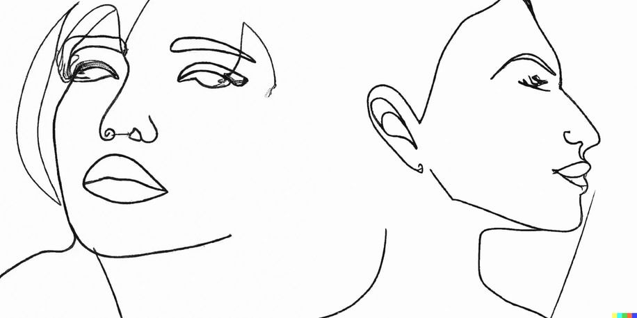 Two faces drawn in a single black line, one from the front and one in profile