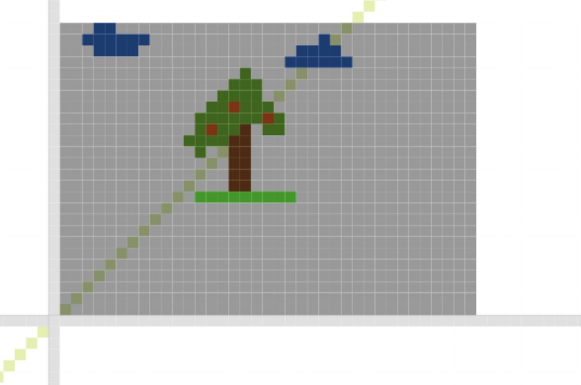 A rough grey pixel grid with a small tree and two clouds drawn on it