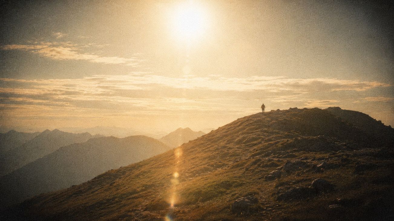 A small figure on a ridge under a low sun