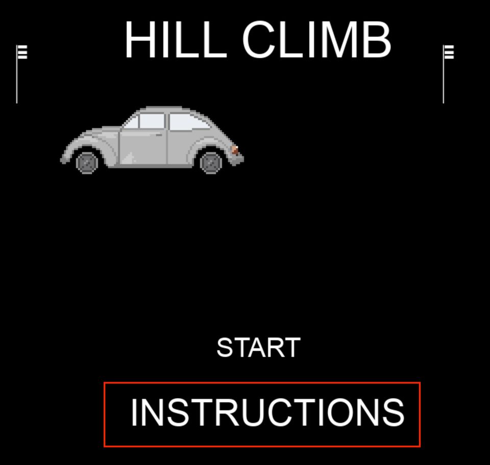 A black title screen reading Hill Climb, with a pixel car, a start button and an instructions button