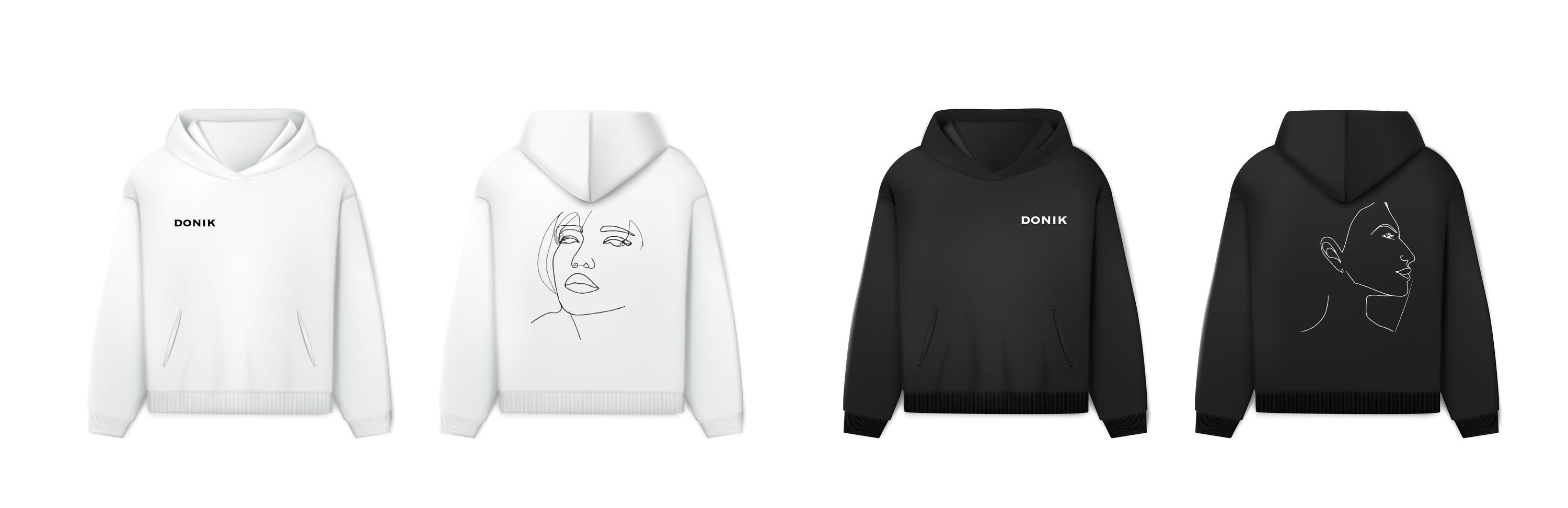 A white and a black hoodie, front and back: DONIK on the chest and a line-drawn face on the back