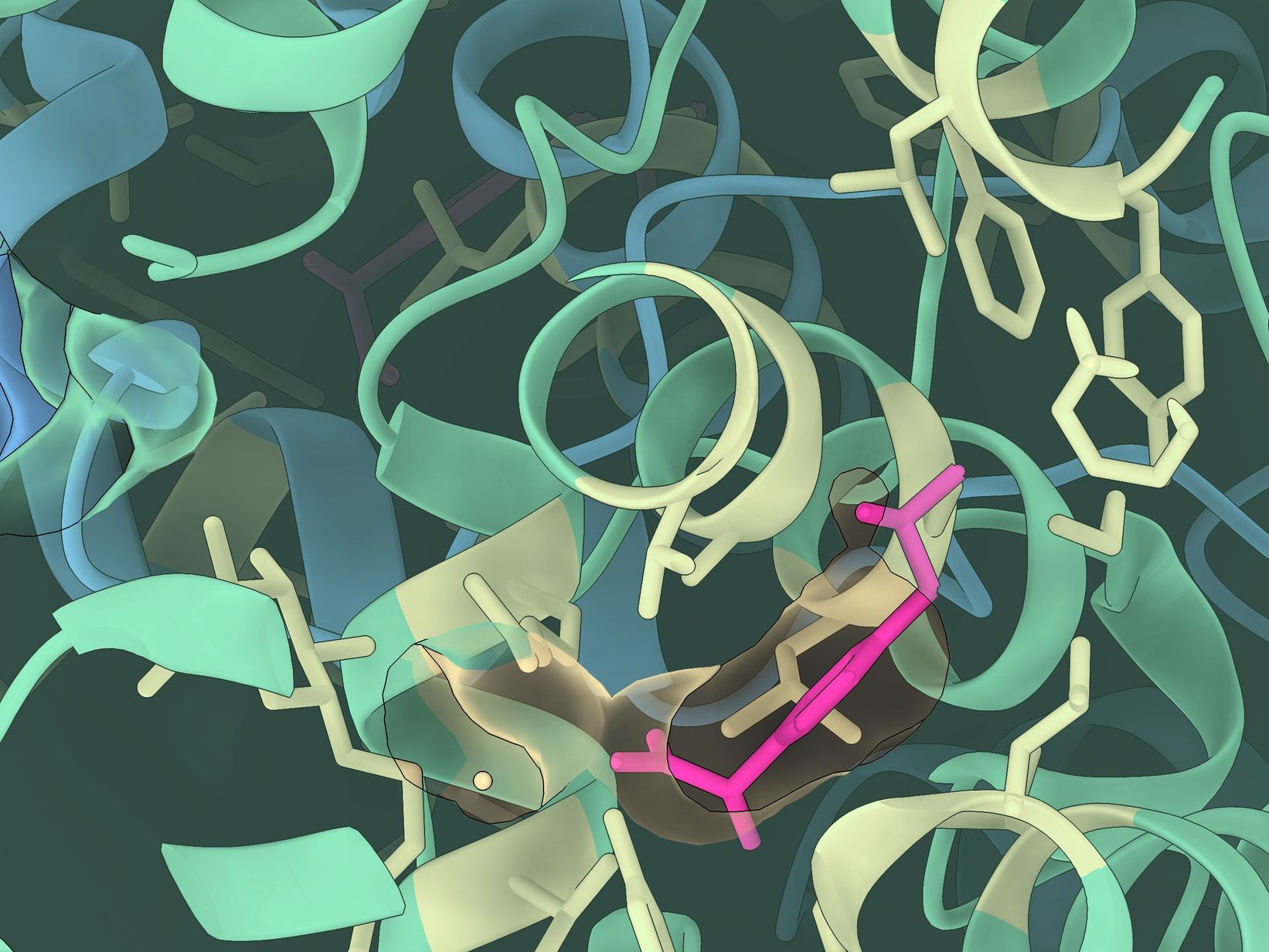Ibuprofen in magenta, sitting in a pocket of green and yellow protein ribbons