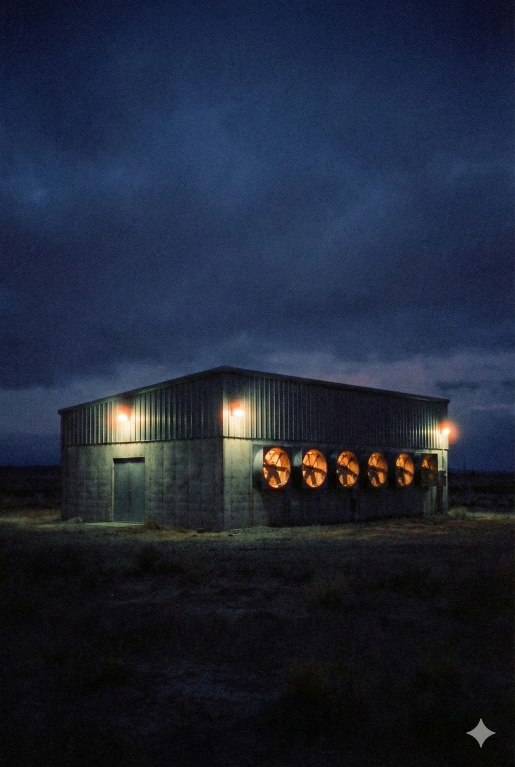 A concrete shed with six glowing orange fans, at dusk on an empty plain