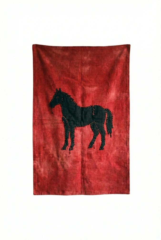 A red cloth banner with a black horse stitched onto it
