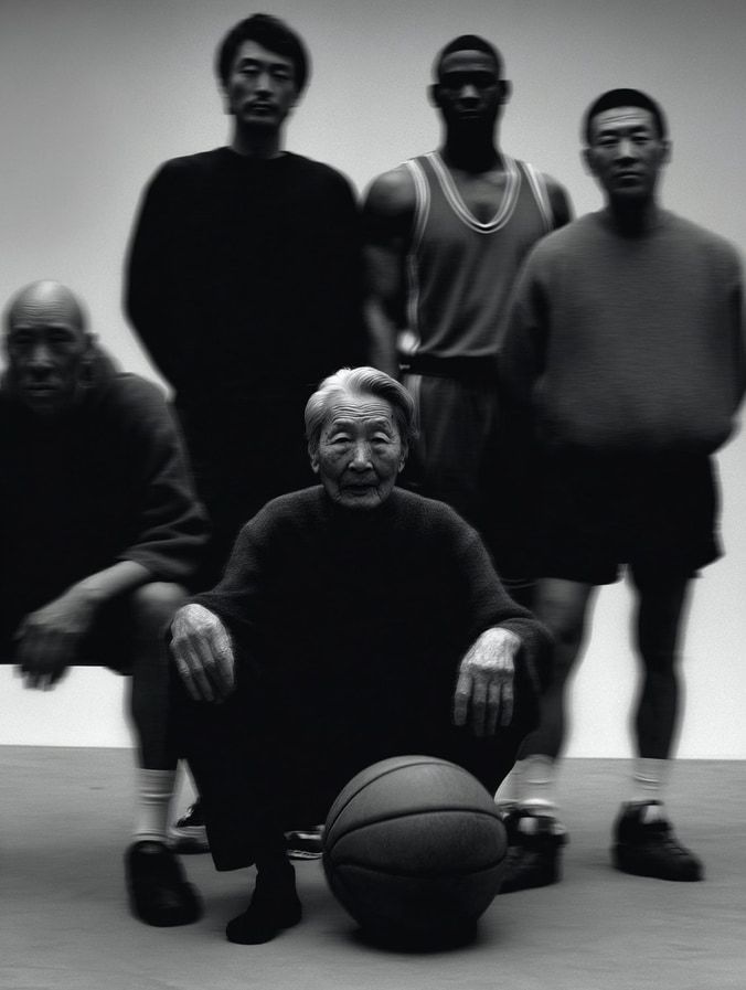 An old woman seated behind a basketball, four men standing blurred behind her, in black and white