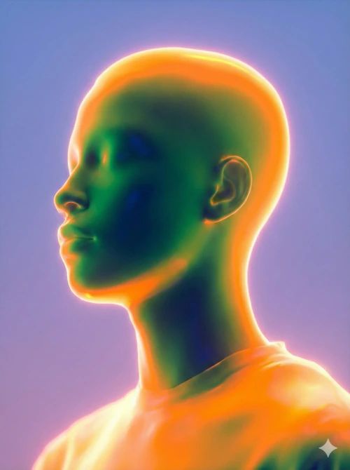 A head in profile, lit like a thermal image in orange and green against violet