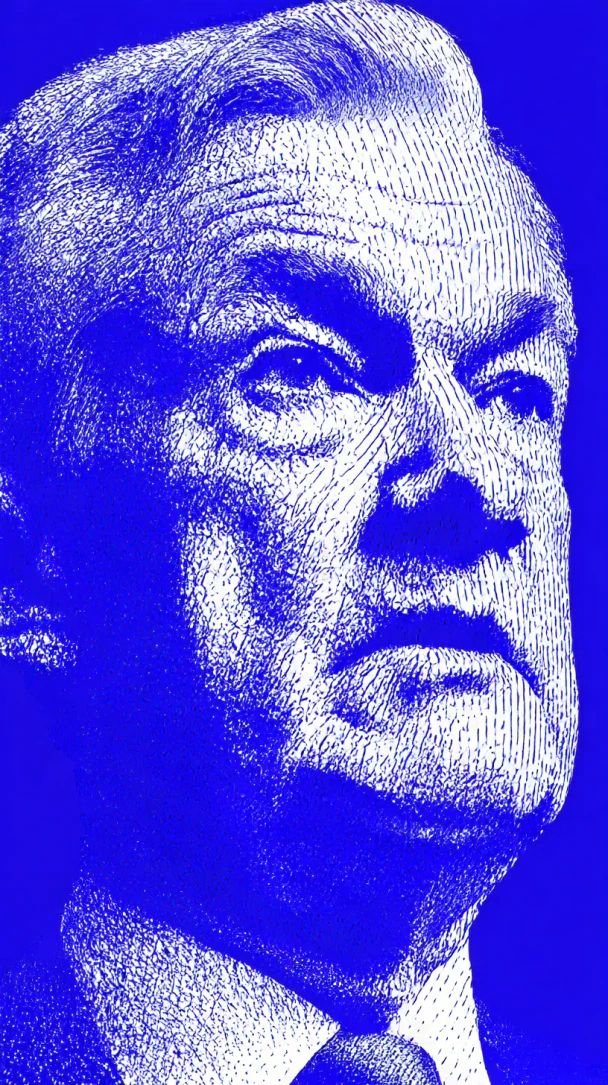A man looking up, drawn in white stipple on bright blue