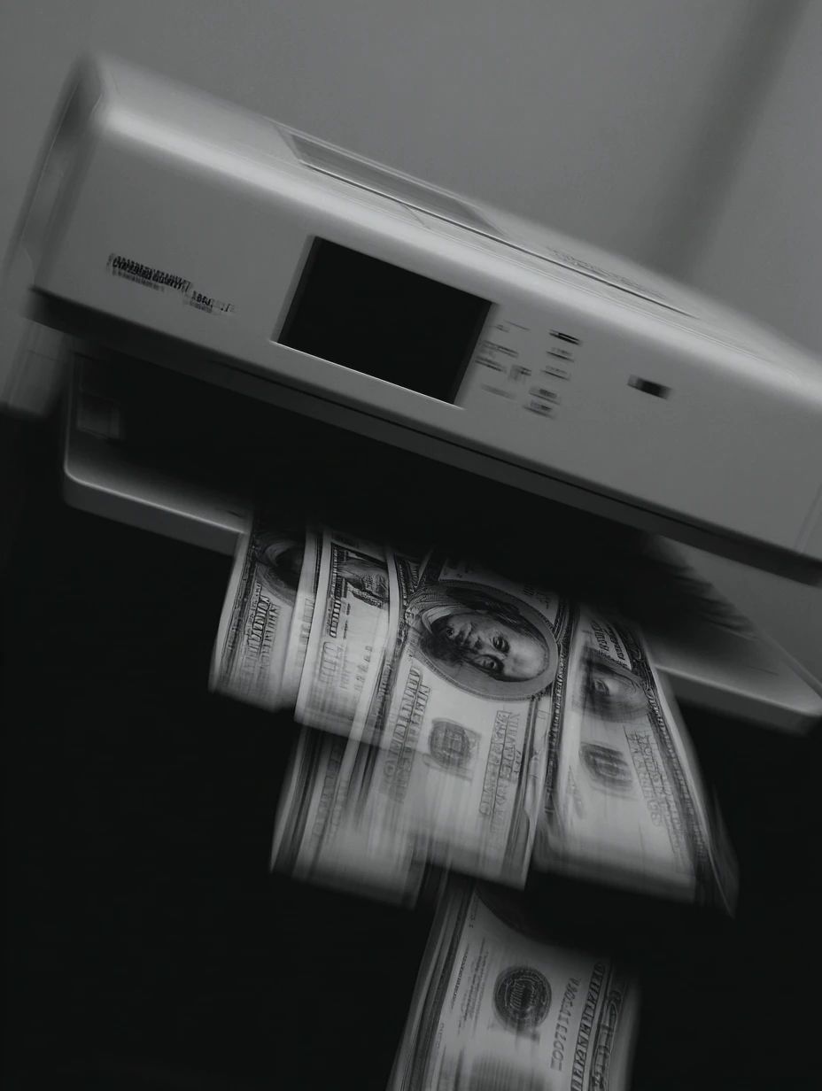 A printer feeding out hundred dollar bills, blurred, in black and white