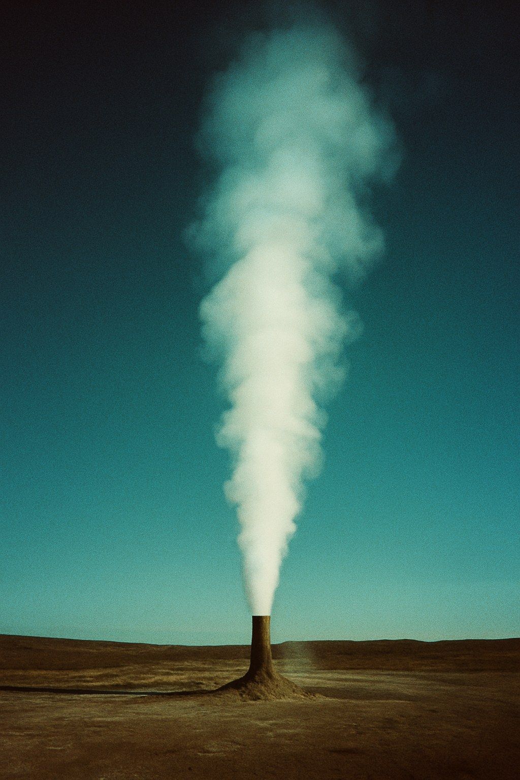 A column of white smoke rising from a small chimney on a bare plain under a teal sky