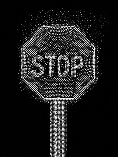 A stop sign drawn in white dots on black