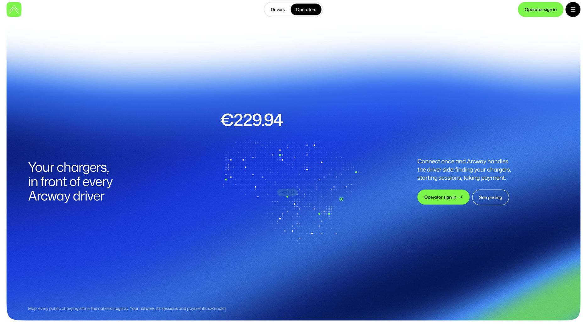 An early Arcway page for charger operators, a blue and green gradient with a dotted map of Lithuania