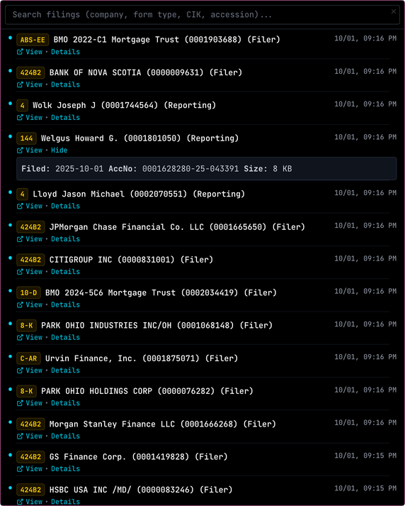 A black panel listing company filings by form type as they arrive, with a search field above
