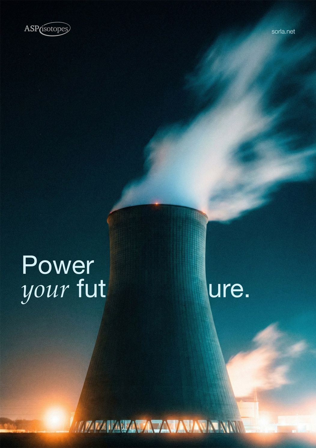 A poster reading power your future, the words split by a cooling tower at dusk