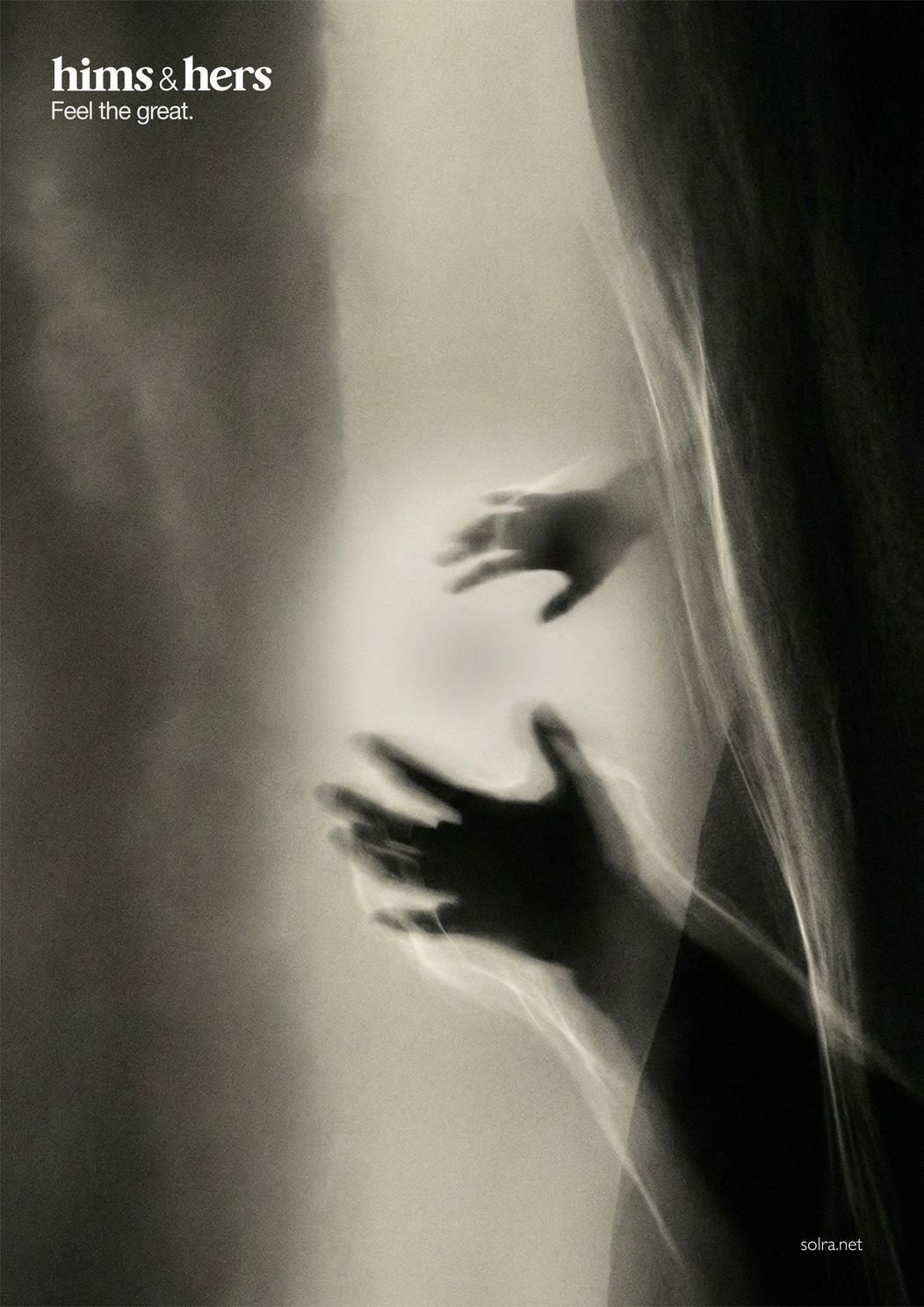 A poster with the Hims and Hers name over blurred hands behind a curtain