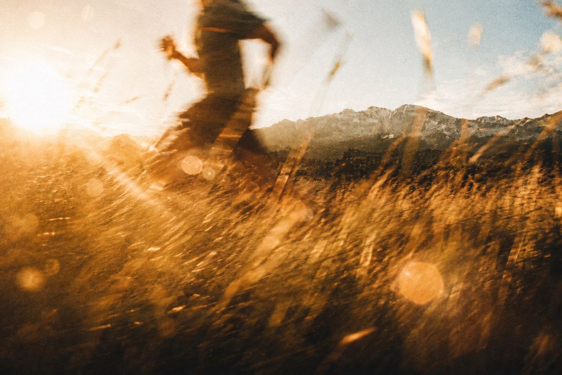 A runner blurred by motion in tall golden grass at sunset