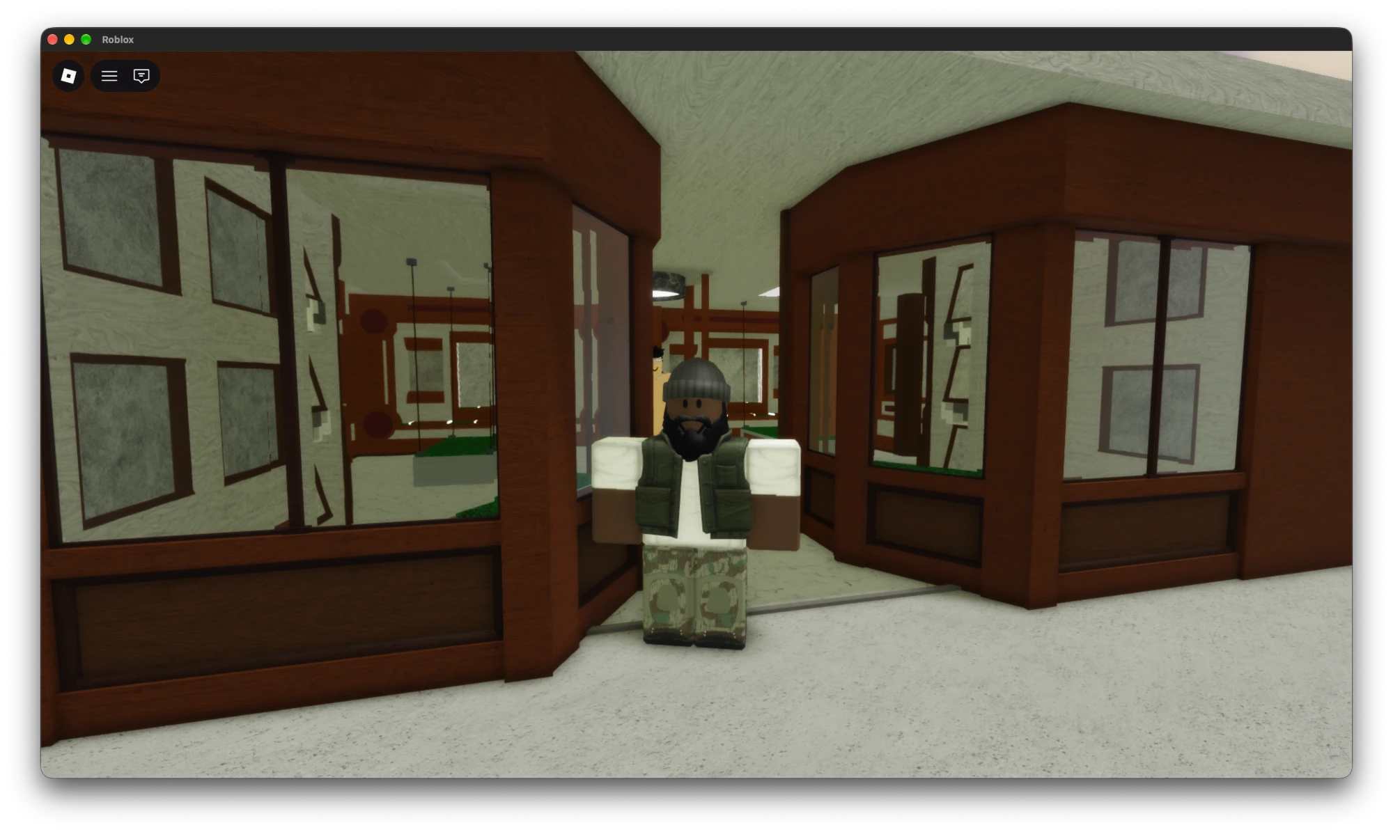 A Roblox character in the doorway of a dark wooden shop with bay windows