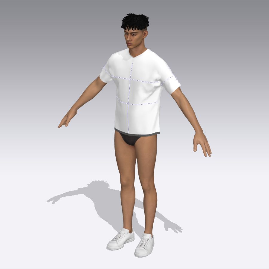 A 3D figure wearing a white oversized tee with its pattern seams showing