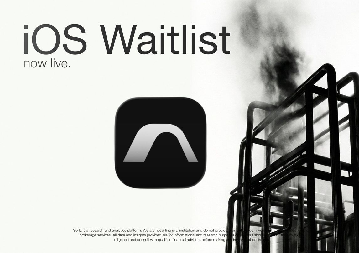 A poster reading iOS waitlist, now live, with the arch on a black app icon beside steel pipes and smoke
