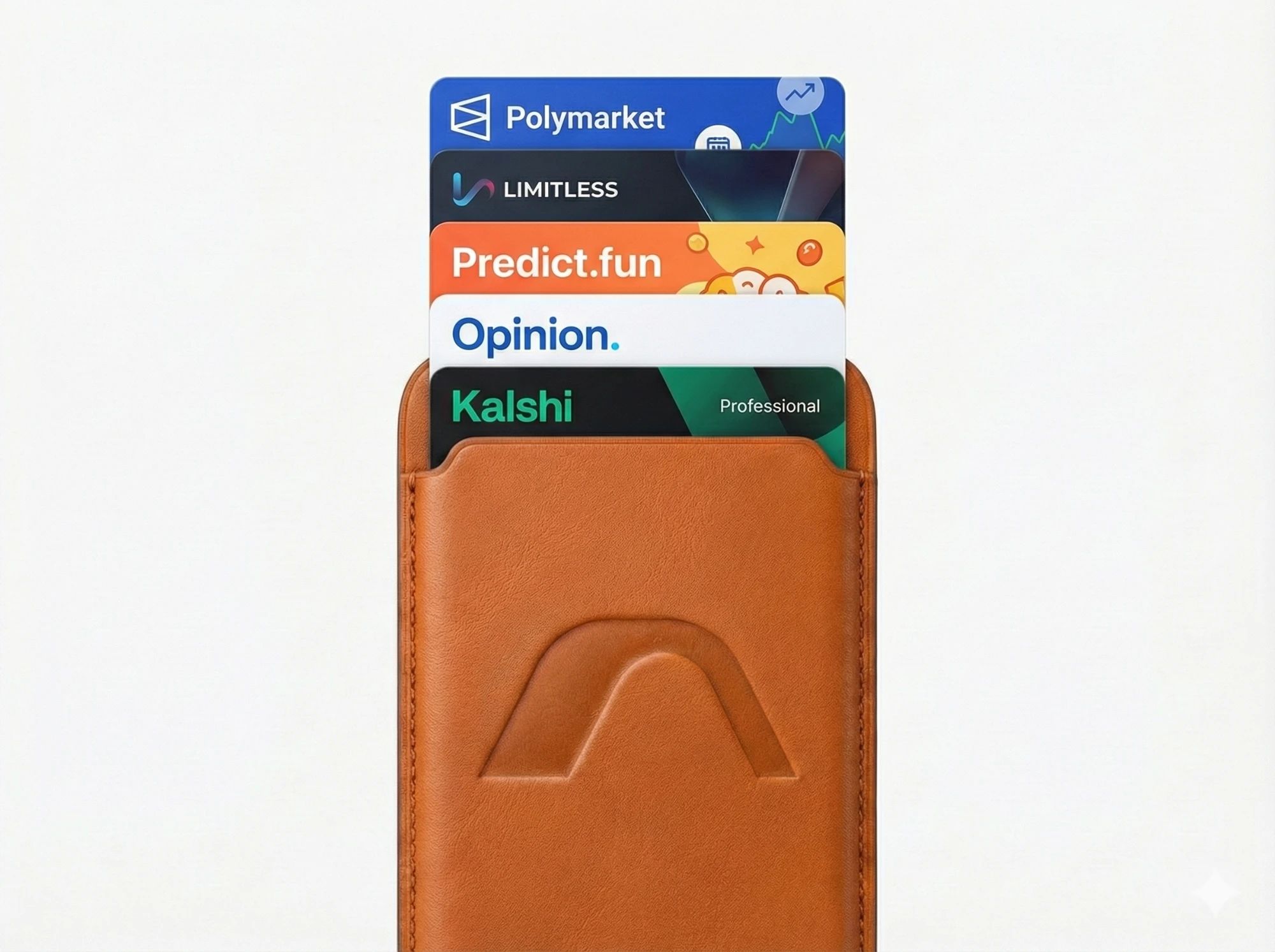A tan leather card wallet embossed with the arch, holding cards for five prediction markets
