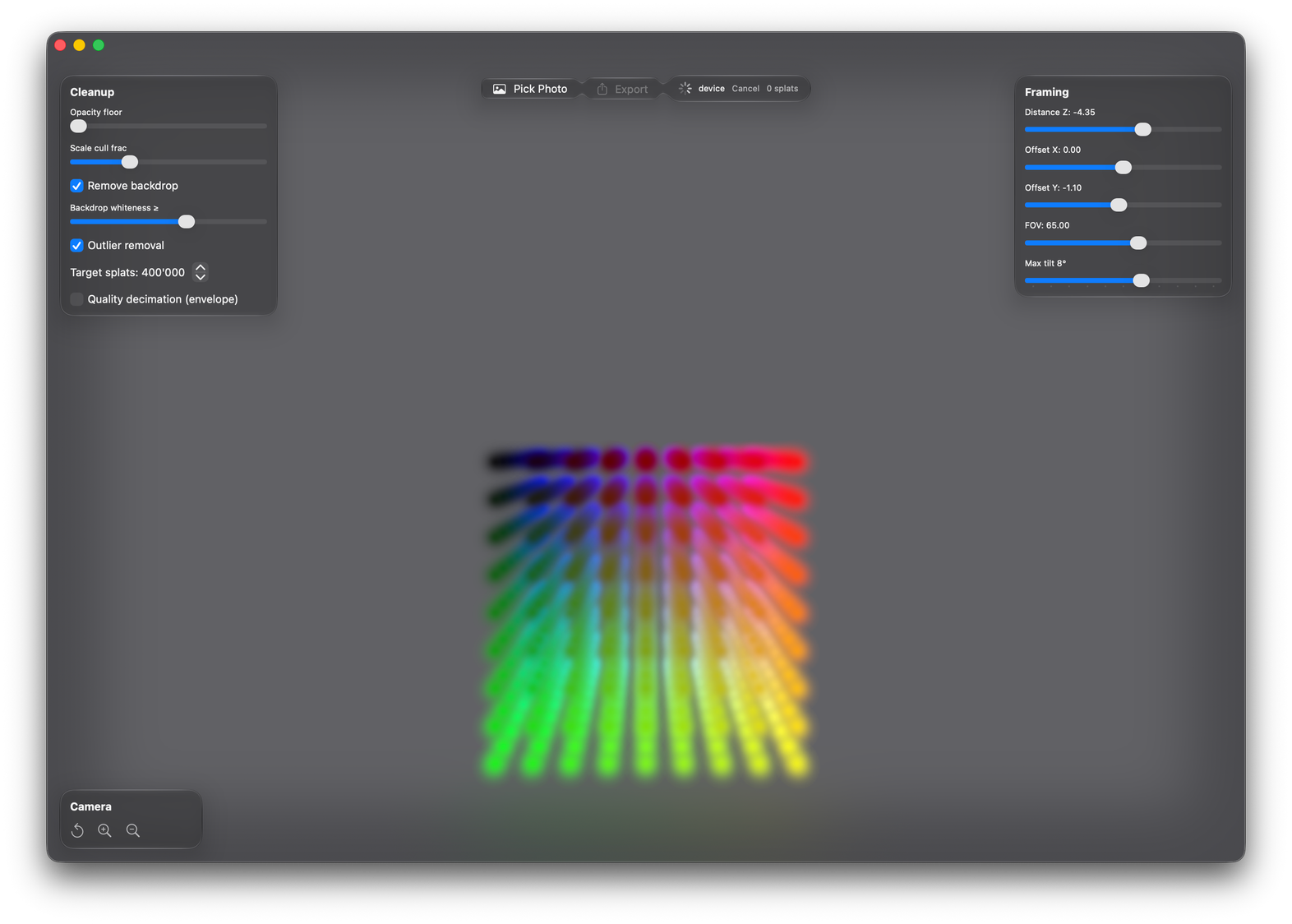 A grey window with cleanup and framing sliders around a rainbow grid of test splats